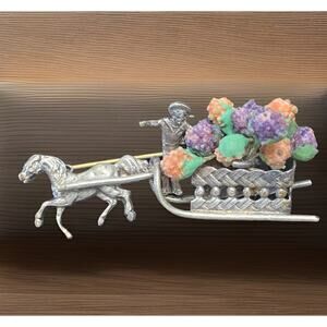 Antique Victorian Silver Flower Cart Horse Buggy Handmade Brooch Millinery Stems
